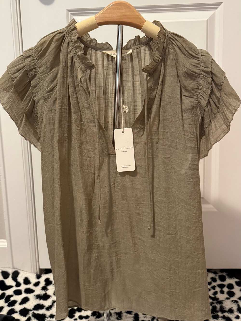 Ruffled Tie-Neck Blouse in Olive